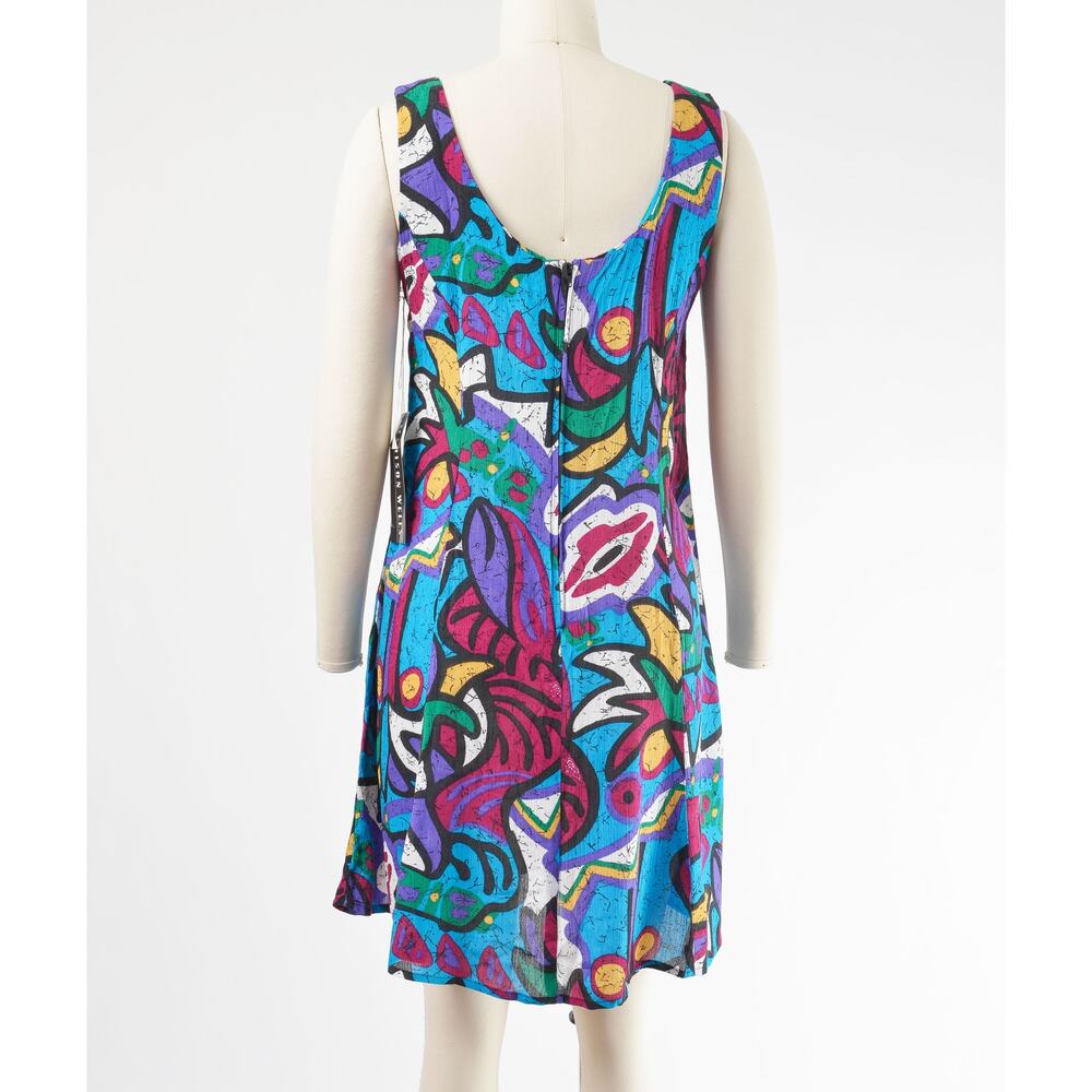 Vintage 90s Abstract Print Sleeveless Tie Front Layered Look Dress Deadstock M - Picture 3 of 7